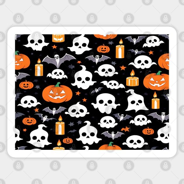 Spooky Seamless Halloween Pattern with Skulls, Ghosts, Pumpkins, Bats, and Candles Sticker by Thewondercabinet28